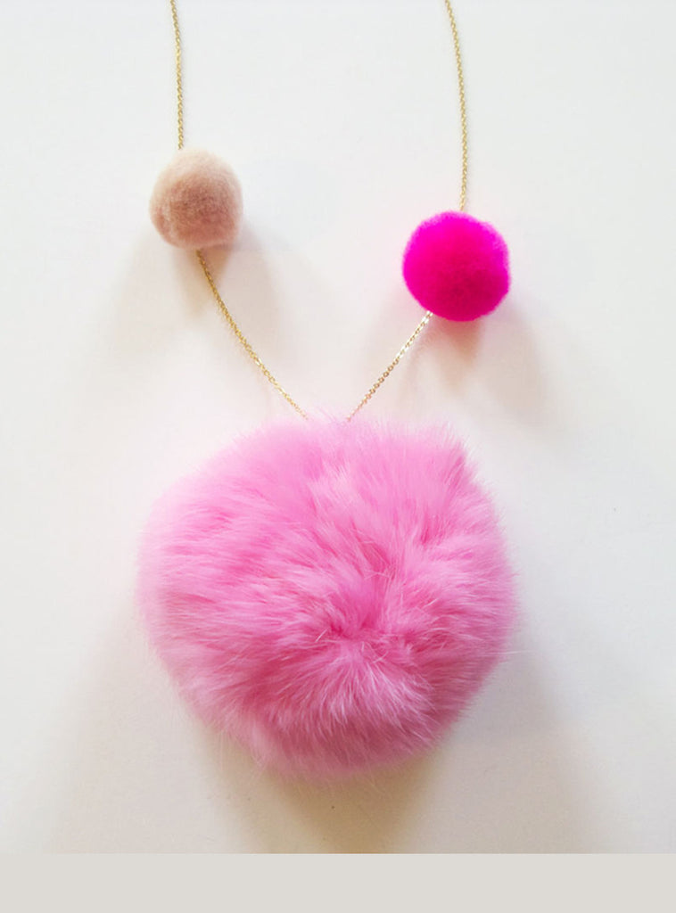 Fur Pom Pom Necklace in Pink